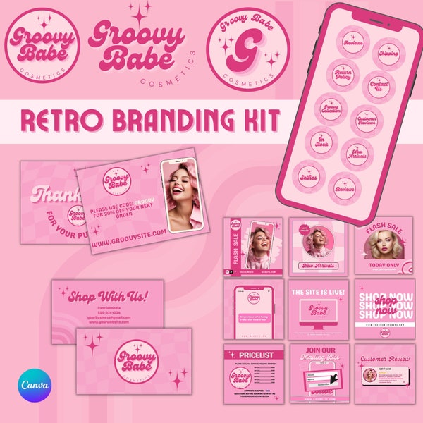 Retro Branding Kit, DIY Boho Logo Set, Instagram Post Templates, Highlight Covers, Pink Retro, Lash, Nail, Hair, Makeup Logo, Beauty Brand