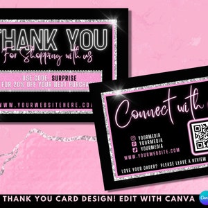 Dankeskarten-Design, Neon-marketing-Karte, bearbeitbare Canva-Dankeskarte, Haare, Wimpern, Nägel, Kosmetik, Salon, Boutique-Paketbeileger-Karte