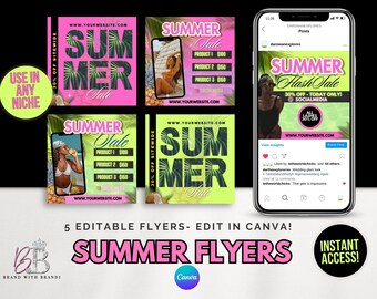 Summer Sale Templates, 5 Summer Flash Sale Flyers, Premade Canva Flyer, Summer Break Flyer, Editable Social Media Post, Lash-Hair-Nails