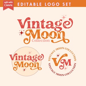 Retro Logo Design, Funky Logo Set Editable in Canva, Boho Premade Vintage Logo Design, Hippie 70s Bohemian logo Kit for Small Business