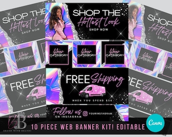 Website Banners, Editable Website Banners, Holographic Shopify Slider Banners, Website Kit, Canva Web Banners, Lash/Hair/Nail Banners - BB03