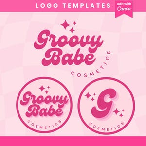 Pink Groovy Retro Logo Bundle – Editable Canva Logo Template – Funky 70s Vintage Logo Design for Small Business Branding – Digital Download