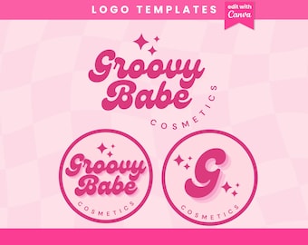 Pink Groovy Retro Logo Bundle – Editable Canva Logo Template – Funky 70s Vintage Logo Design for Small Business Branding – Digital Download