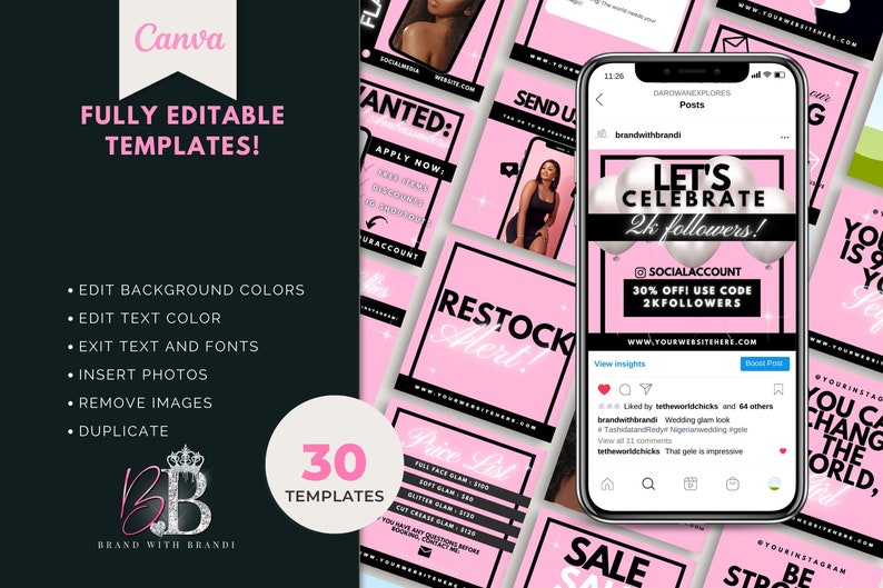 Op de afbeelding: Een verzameling van 30 roze en zwarte Instagram-posttemplates voor social media marketing. De templates bevatten tekst zoals "Restock Alert!" en "Let's Celebrate 2k Followers!" en bevatten een kroonlogo met de tekst "Brand with Brandi".