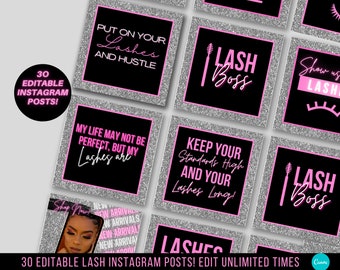 Eyelash Flyer, Instagram Post Quotes, Lash Social Media Flyer, Silver Editable Canva Eyelash Posts, Eyelash Quotes DIY - BB01