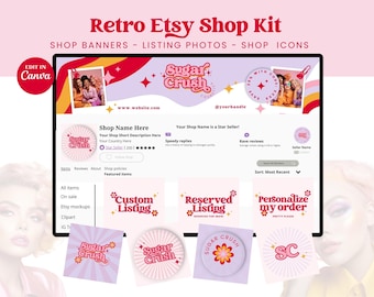Bright Retro Etsy Shop Kit, Groovy Canva Templates for Bakery, Boutique, Accessories, Etsy Store Branding, 70's Branding Kit, DIY Banners