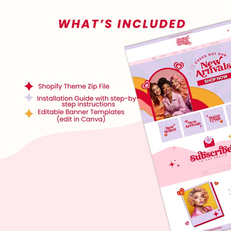 Puede incluir: Un dise&ntilde;o de sitio web rosa y rojo para una tienda llamada "Sugar Crush". El sitio web presenta un fondo rosa con un dise&ntilde;o gr&aacute;fico rojo y amarillo. El sitio web incluye una llamada a la acci&oacute;n para "Comprar ahora" las nuevas llegadas. El sitio web tambi&eacute;n incluye una secci&oacute;n para suscribirse a los correos electr&oacute;nicos.