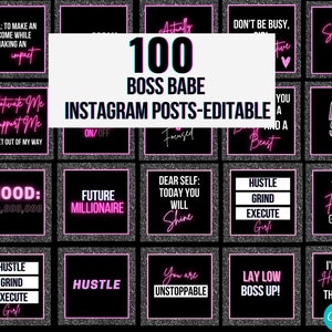 Op de afbeelding: Een set van 100 aanpasbare Instagram-posttemplates voor baasvrouwen. De templates hebben een zwarte achtergrond met roze glitter en neonroze tekst. De tekst bevat motiverende citaten en zinnen zoals "Hustle Grind Execute", "Future Millionaire", "You are Unstoppable" en "She's not Afraid".