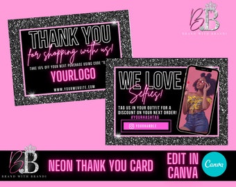 Thank You Card Design, Neon Marketing Card, Editable Thank You Card, Hair, Lash, Nails, Cosmetics DIY Canva Postcard, Package Insert