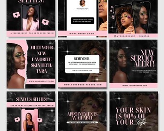 May include: A set of 15 editable social media templates for a beauty business. The templates feature a black marble background with pink accents and text. The text includes phrases like "Send us selfies!" and "Meet your new favourite skin tech, Tyra".