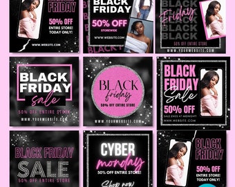 May include: Eight editable Black Friday sale templates with a black background and pink accents. The templates feature a variety of designs, including a woman holding a phone, a circle with the text "Black Friday" and a sale percentage, and a neon sign that says "Cyber Monday".