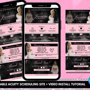 May include: A pink and black mobile phone screen displaying a website for booking hair appointments. The website features a photo of a woman with long black hair, the text "Jasmine Hair Stylist", and a pink heart. The website also includes sections for policies, business hours, and a thank you message.