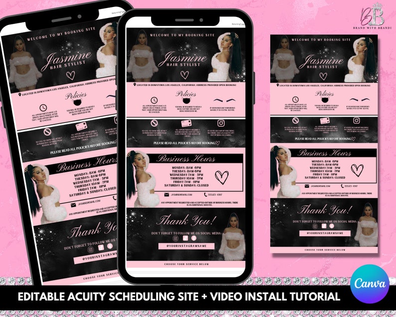 May include: A pink and black mobile phone screen displaying a website for booking hair appointments. The website features a photo of a woman with long black hair, the text "Jasmine Hair Stylist", and a pink heart. The website also includes sections for policies, business hours, and a thank you message.