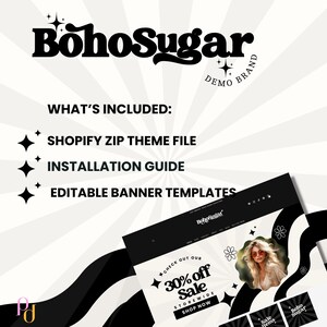 Pode incluir: Design gr&aacute;fico preto e branco com o texto "BohoSugar" e "DEMO BRAND". O design inclui um padr&atilde;o de estrela e uma imagem em preto e branco de uma mulher usando &oacute;culos de sol e uma camisa branca. O texto "CHECK OUT OUR 30% OFF SALE STOREWIDE SHOP NOW" tamb&eacute;m est&aacute; inclu&iacute;do no design.
