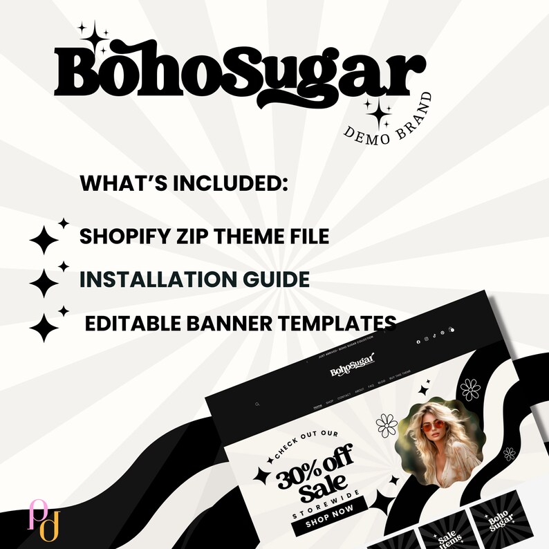 Pode incluir: Design gr&aacute;fico preto e branco com o texto "BohoSugar" e "DEMO BRAND". O design inclui um padr&atilde;o de estrela e uma imagem em preto e branco de uma mulher usando &oacute;culos de sol e uma camisa branca. O texto "CHECK OUT OUR 30% OFF SALE STOREWIDE SHOP NOW" tamb&eacute;m est&aacute; inclu&iacute;do no design.