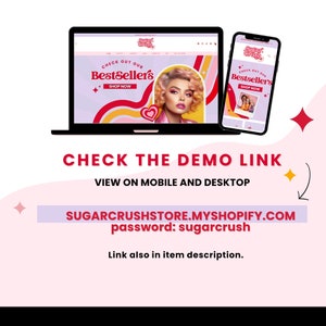Puede incluir: Un port&aacute;til y un tel&eacute;fono m&oacute;vil que muestran un sitio web con el texto "Sugar Crush" y "Echa un vistazo a nuestros Bestsellers". El sitio web tiene un esquema de color rosa, amarillo y rojo. El texto "CHECK THE DEMO LINK" se muestra debajo de las im&aacute;genes. El texto "VIEW ON MOBILE AND DESKTOP" se muestra debajo del texto anterior. El texto "SUGARCRUSHSTORE.MYSHOPIFY.COM contrase&ntilde;a: sugarcrush" se muestra debajo del texto anterior. El texto "Enlace tambi&eacute;n en la descripci&oacute;n del art&iacute;culo." se muestra debajo del texto anterior.