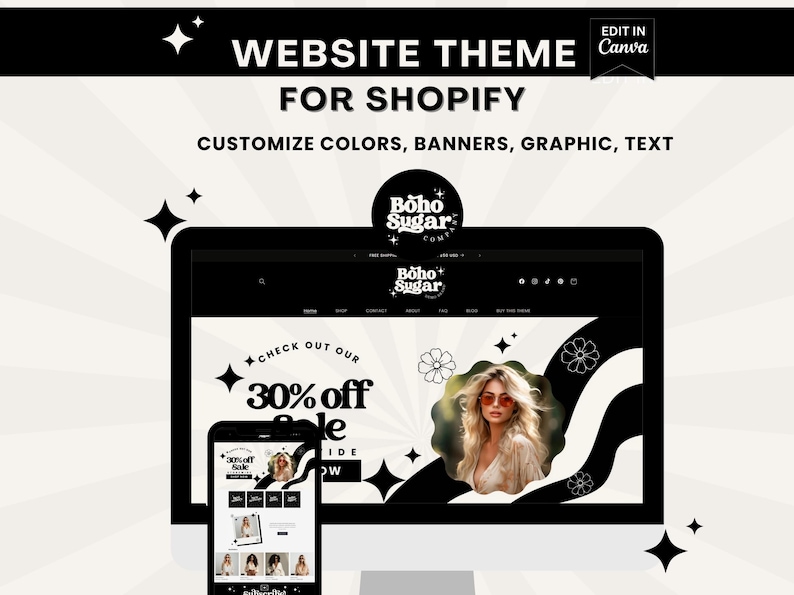 Tema retrô para Shopify – Boho Sugar – Modelo de site Shopify pronto para uso – Banners editáveis no Canva – Design de e-commerce para boutiques imagem 1
