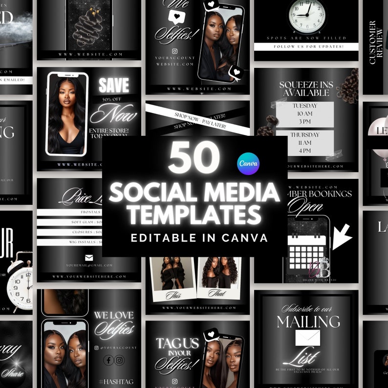 50 Editable Hair Instagram Templates, Black & White Canva Social Media ...