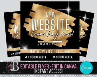 Website launching flyer, coming soon flyer, Website Launch Template, New Arrivals flyer, Canva DIY template, Gold Website Launching Flyer