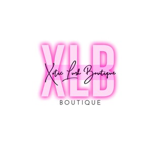 May include: Pink neon sign with the letters "XLB" and the text "Xoctic Lush Boutique" in black cursive script. The text "BOUTIQUE" is written in black below the neon sign.
