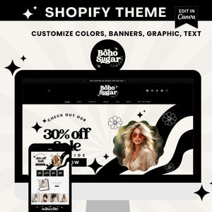 Retro Shopify Theme - Boho Sugar - Customizable Shopify Template - Shopify 2.0. Premade ecommerce Boutique Website - Editable Canva Banners