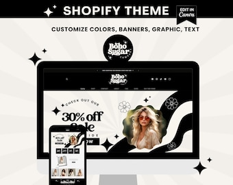 Retro Shopify Theme - Boho Sugar - Customizable Shopify Template - Shopify 2.0. Premade ecommerce Boutique Website - Editable Canva Banners