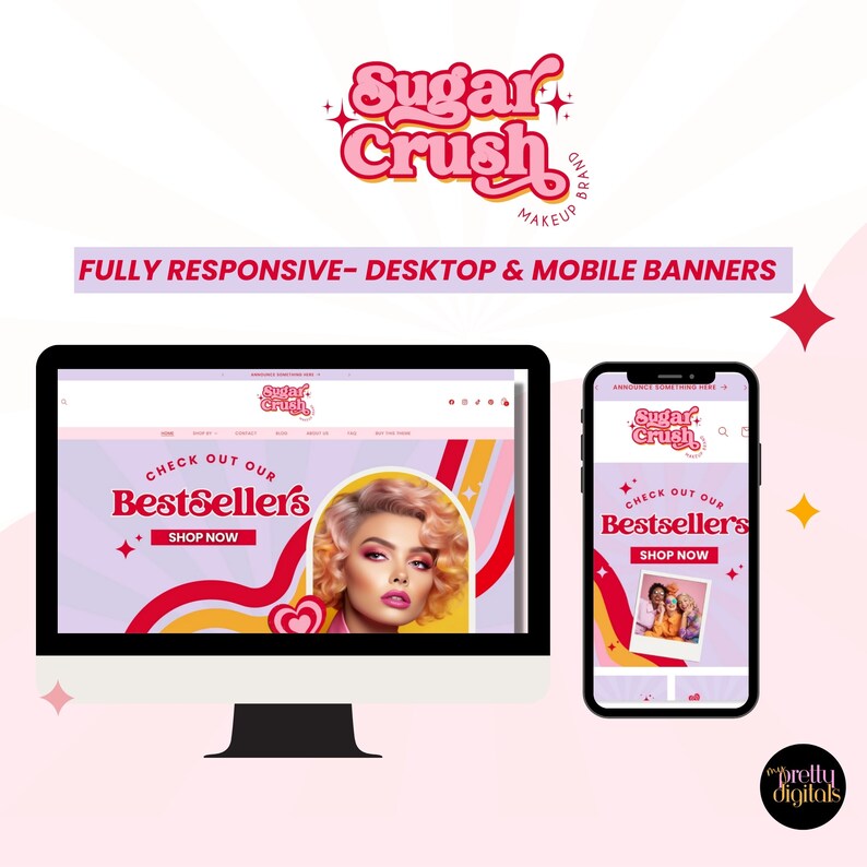 Puede incluir: Un banner publicitario para escritorio y m&oacute;vil de Sugar Crush Makeup. El banner presenta un fondo a rayas rosa y amarillo con una forma de coraz&oacute;n y una modelo con cabello rosa y maquillaje llamativo. El texto en el banner dice "Echa un vistazo a nuestros Bestsellers" y "Comprar ahora".