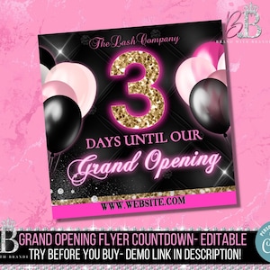 May include: A black and pink flyer with a gold glitter number 3, balloons, and the text "The Lash Company", "Days Until Our Grand Opening", and "www.website.com". The flyer is for a grand opening event.