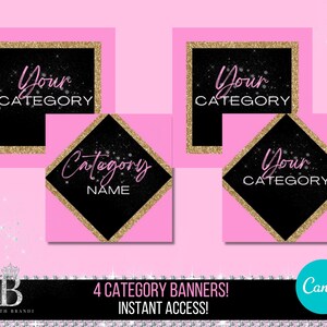 May include: Four pink and black digital banners with gold glitter accents. Each banner has a black background with gold glitter and a pink border. The text on the banners reads "Your Category", "Your Category", "Category Name", and "Your Category". The banners are designed for use on social media or in online shops.