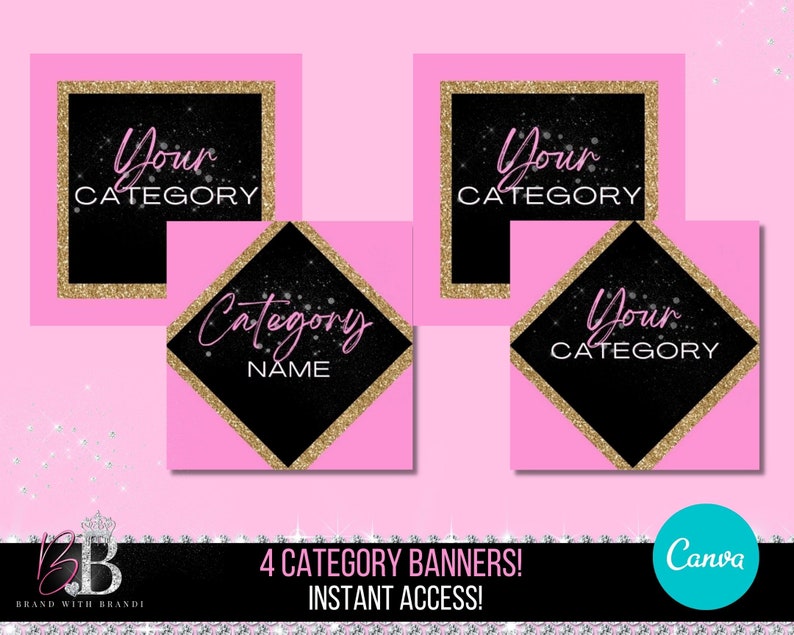 May include: Four pink and black digital banners with gold glitter accents. Each banner has a black background with gold glitter and a pink border. The text on the banners reads "Your Category", "Your Category", "Category Name", and "Your Category". The banners are designed for use on social media or in online shops.