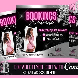 Könnte beinhalten: Ein rosa und silberner Flyer mit schwarzem Hintergrund, der Wimperndienstleistungen bewirbt. Der Flyer zeigt ein Foto einer Frau mit langen schwarzen Haaren und einem rosa Outfit. Der Text auf dem Flyer lautet "BOOKINGS Available", "Book Today & Get 20% Off!" und "LUX Lashes".