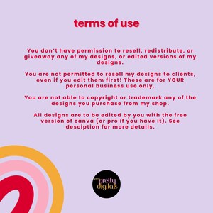 Puede incluir: Un fondo rosa y morado con texto blanco que describe los t&eacute;rminos de uso para dise&ntilde;os digitales. El texto establece que los dise&ntilde;os son solo para uso personal y no se pueden revender ni redistribuir. El texto tambi&eacute;n establece que los dise&ntilde;os se pueden editar usando Canva. La imagen incluye un logotipo para "Pretty Digitals" con un dise&ntilde;o de arco&iacute;ris rosa y amarillo.