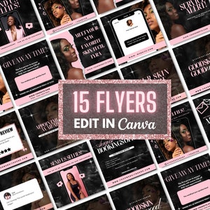 May include: A collection of 15 pink and black flyers with a glittery pink banner that says "15 Flyers Edit in Canva". The flyers feature a variety of images and text related to skin care, beauty, and business. Some of the text on the flyers includes "Meet Your New Favorite Skin Tech, Tyra", "Giveaway Time", "August Bookings Open", and "Good Skin Good Life".