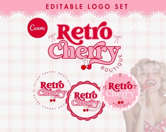 Coquette Logo Design Template: Retro Cherry Bows (Canva Editable)