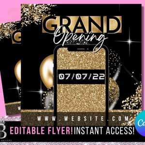 Può includere: Volantino nero e oro con il testo "GRAND Opening 07/07/22 WWW.WEBSITE.COM" e il testo "EDITABLE FLYER! INSTANT ACCESS!" in basso.