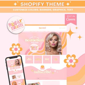 Retro Pink Shopify Theme Template with Banners Editable in Canva, Shopify 2.0 Website Template, Pink Cute Ecommerce Web Template for Bakery