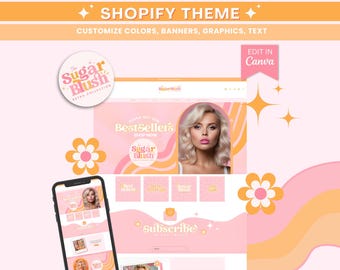 Canvaで編集可能なバナー付きレトロピンクのShopifyテーマテンプレート、Shopify 2.0ウェブサイトテンプレート、ベーカリー向けのピンクのキュートなeコマースウェブテンプレート