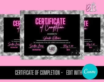 Certificate of Completion Design, Lash Course Certificate Design, DIY Canva Completion Certificate, Diamond, Neon, Nails - Hair- Beauty
