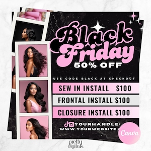 Black Friday-flyer, Black Friday-uitverkoopflyer, bewerkbaar in Canva Black Friday-sjabloon, DIY Canva-sjabloon, Pink Friday-flyer, haarflyer