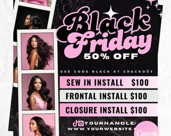 Black Friday Flyer - Editable Canva Template, Pink Friday Promo for Lash, Hair, Nail & Beauty Businesses