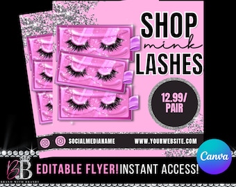 Folheto de cílios, Folheto de venda de cílios, Folheto de venda de Canva, Folheto de Canva DIY, Modelo de cílios rosa e prateado, Modelo editável de extensão de cílios
