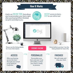 May include: A graphic showing how to personalize items using the Corjl online tool. The graphic shows a computer screen with the Corjl logo, a step-by-step process of accessing, personalizing, and finishing an order, and a call to action to demo the tool.