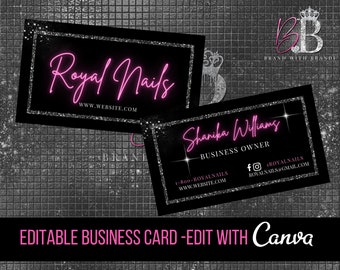 Business Card Design, Canva Editable Beauty Business Card Template, Neon Pink Business Card, Hair/Nails/Lashes, DIY Stationary