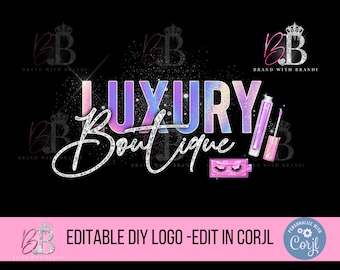 May include: Editable DIY logo design for a luxury boutique, featuring the text "Luxury Boutique" in a glittery, iridescent font with a pink and purple gradient. The logo also includes a silver crown, eyelashes, and a lip gloss bottle.