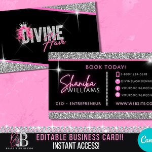 Silber Visitenkarten-Design, DIY Neon Visitenkarte, bearbeitbare Visitenkarte, Canva Vorlage, Treuekarte, Hair-Nails-Lashes