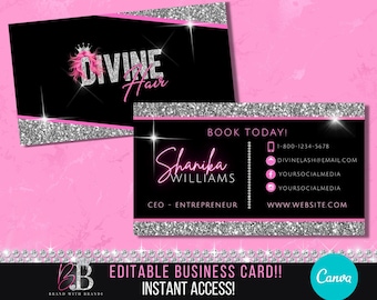 Silver Business Card Design, DIY Neon Business Card, Editable Business Card, Canva Template, Loyalty Card, Hair-Nails-Lashes
