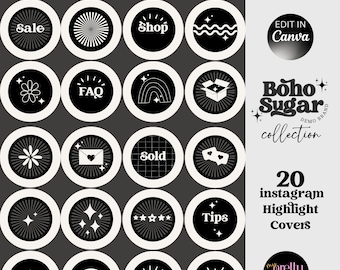 Okładki wyróżnień na Instagramie, wyróżnienia historii na Instagramie dotyczące włosów, rzęs, biznesu kosmetycznego, boho retro instagram czarny beż neutralny branding