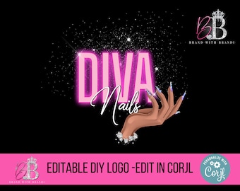 Puede incluir: Diseño de logotipo rosa y blanco para un salón de manicura llamado "DIVA Nails". El logotipo presenta una mano con uñas largas y manicuradas y un fondo brillante.