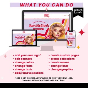 Puede incluir: Una maqueta de un sitio web con un esquema de color rosa, amarillo y rojo. El sitio web es para un negocio llamado "Sugar Crush" y presenta un banner que dice "Echa un vistazo a nuestros bestsellers". El sitio web tambi&eacute;n incluye un logotipo, un men&uacute; y una p&aacute;gina de producto. La imagen tambi&eacute;n incluye texto que dice "Qu&eacute; puedes hacer" y enumera varias funciones que se pueden editar en el sitio web, como agregar un logotipo, editar banners, cambiar colores y crear p&aacute;ginas personalizadas.
