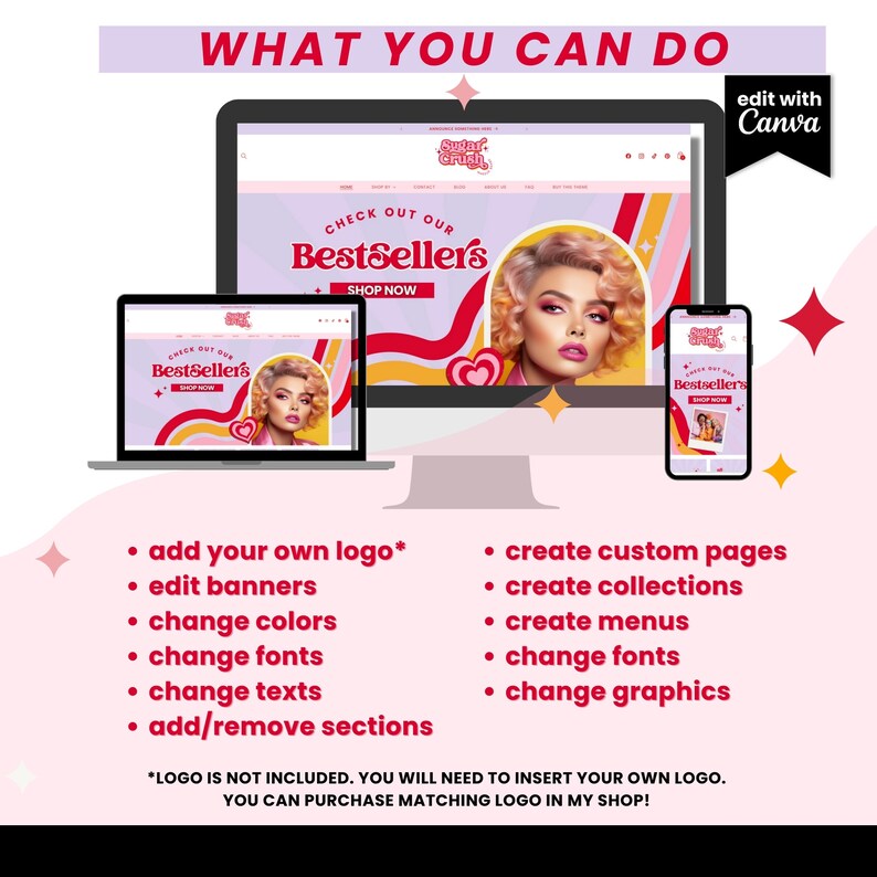 Puede incluir: Una maqueta de un sitio web con un esquema de color rosa, amarillo y rojo. El sitio web es para un negocio llamado "Sugar Crush" y presenta un banner que dice "Echa un vistazo a nuestros bestsellers". El sitio web tambi&eacute;n incluye un logotipo, un men&uacute; y una p&aacute;gina de producto. La imagen tambi&eacute;n incluye texto que dice "Qu&eacute; puedes hacer" y enumera varias funciones que se pueden editar en el sitio web, como agregar un logotipo, editar banners, cambiar colores y crear p&aacute;ginas personalizadas.